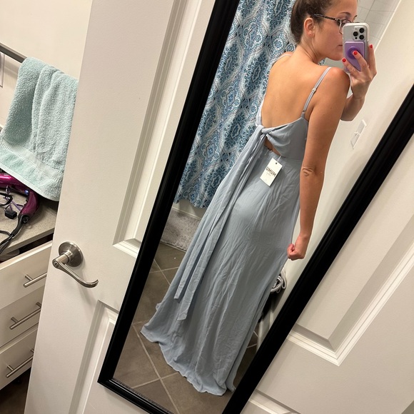 MUMU Lauren Tie Maxi Dress Steel Blue Chiffon - Picture 7 of 8